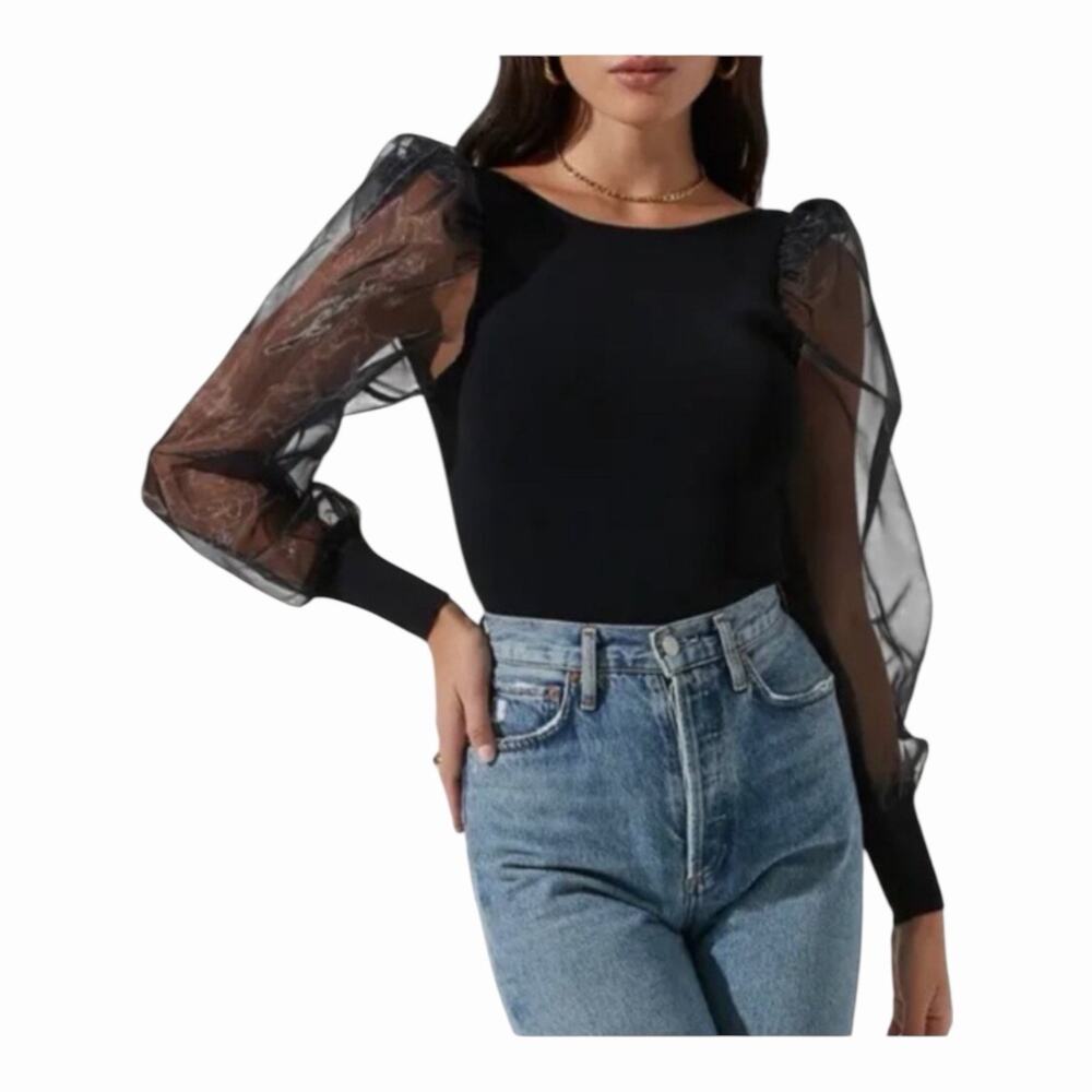ASTR The Label Black Sheer Organza Puff Sleeve Bodysuit NWT Large